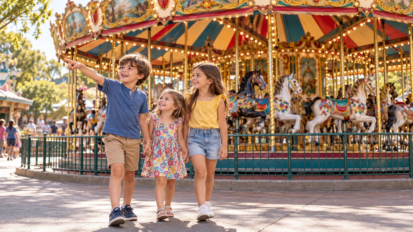 Kinder vor einem bunten Karussell im Freizeitpark