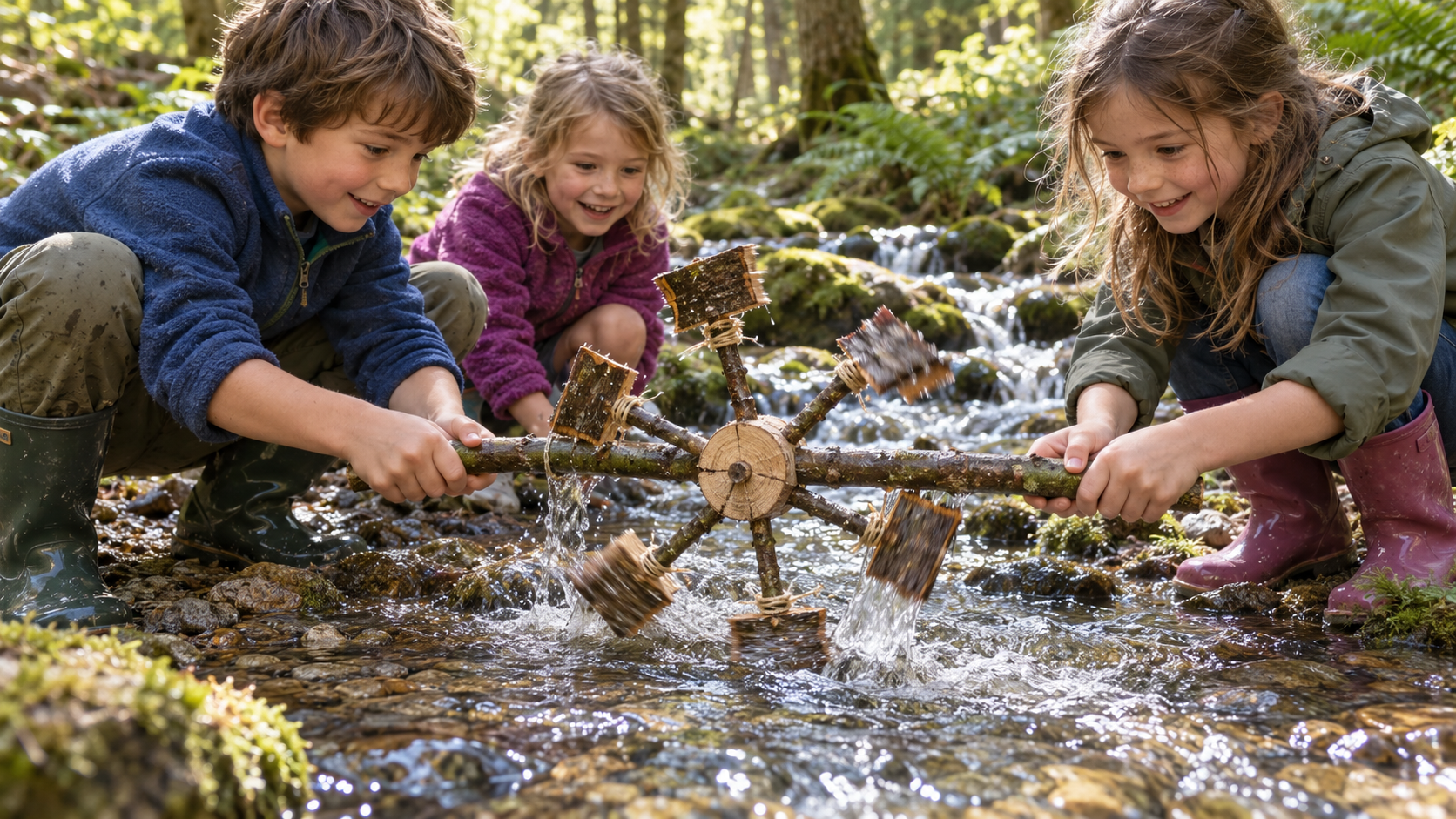 Kinder halten ein selbstgebautes Wasserrad aus Ästen in einen Bach