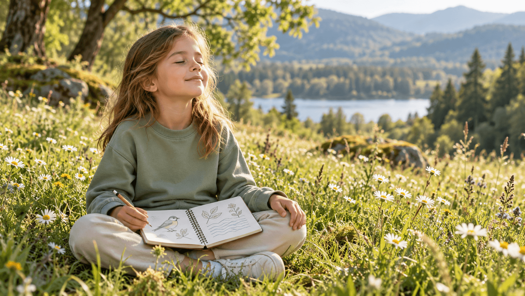 Kind sitzt mit geschlossenen Augen und Notizbuch auf einer Wiese