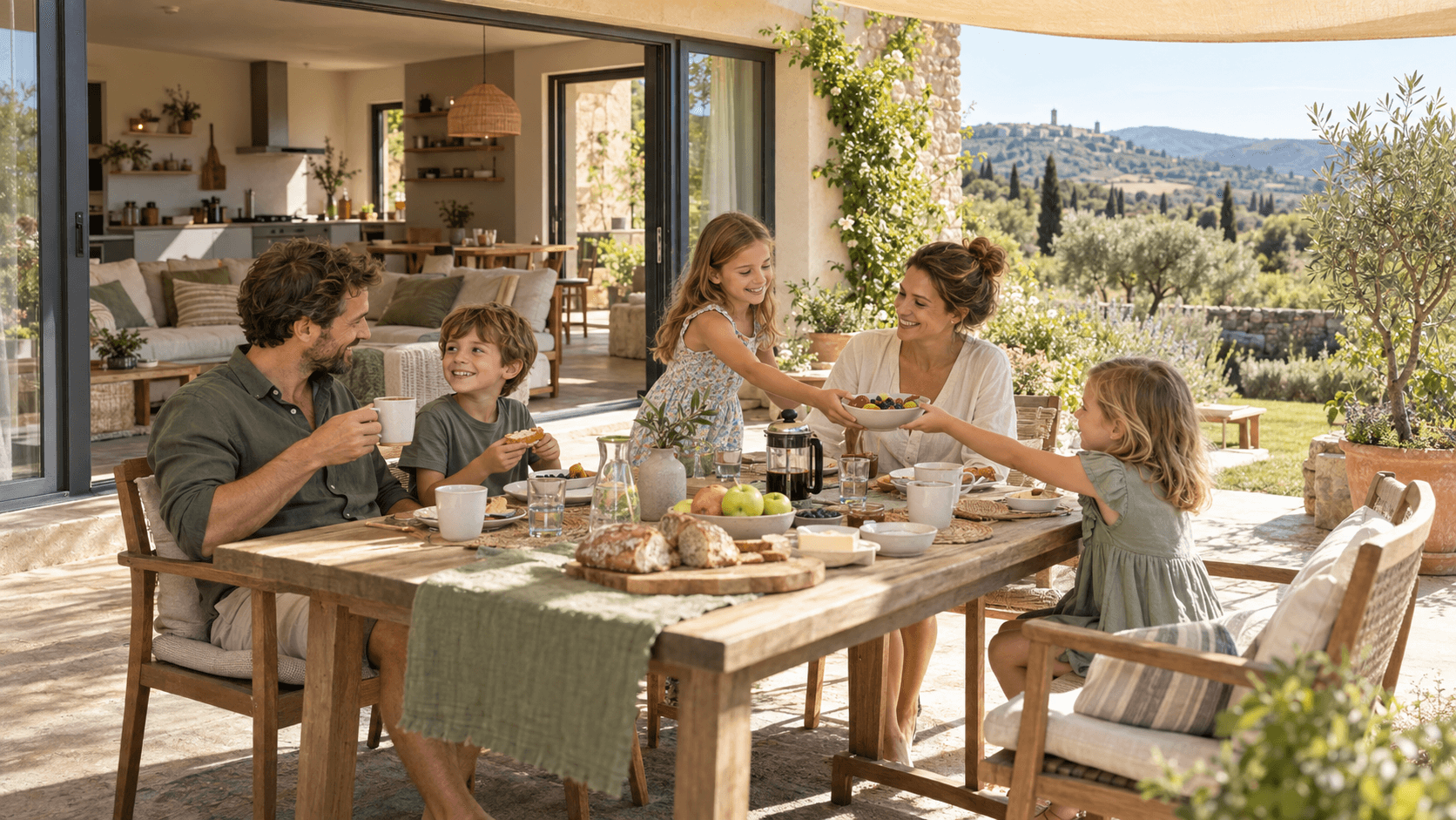 Familie auf der Terrasse einer Ferienwohnung