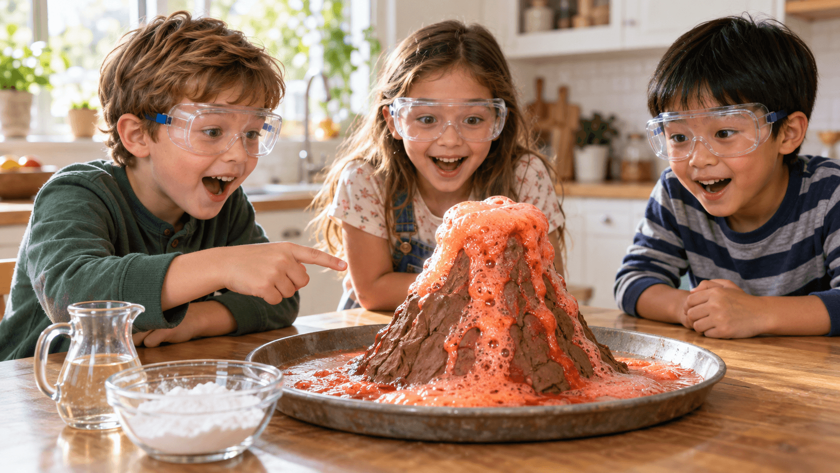 Kinder beobachten einen schäumenden Natron-Vulkan auf dem Küchentisch