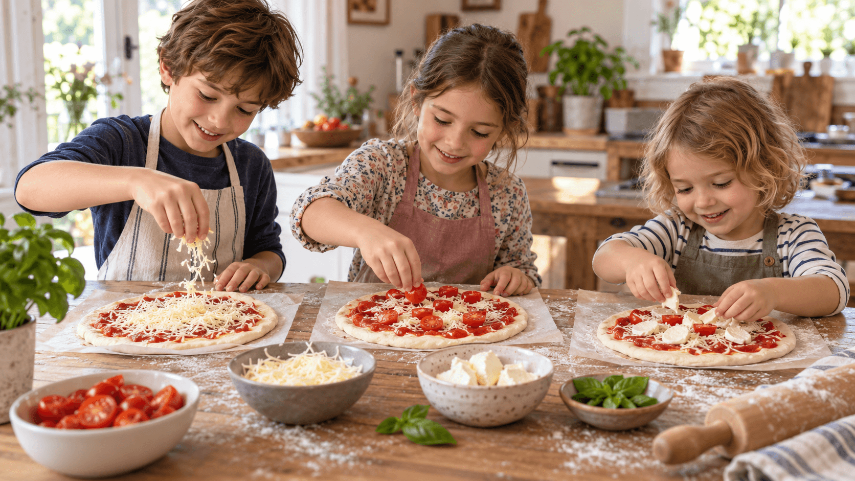 Kinder belegen selbst Pizzaböden mit Tomaten und Käse am Küchentisch