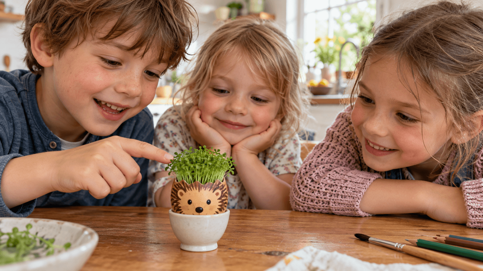 Kinder betrachten einen Kresse-Igel in einer bemalten Eierschale