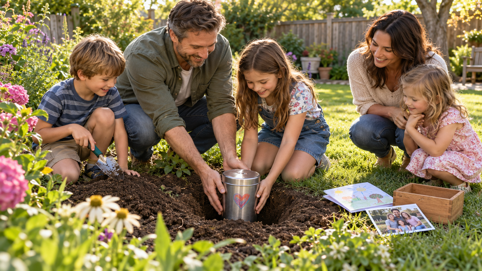 Familie gräbt eine Dose als Zeitkapsel im Garten ein