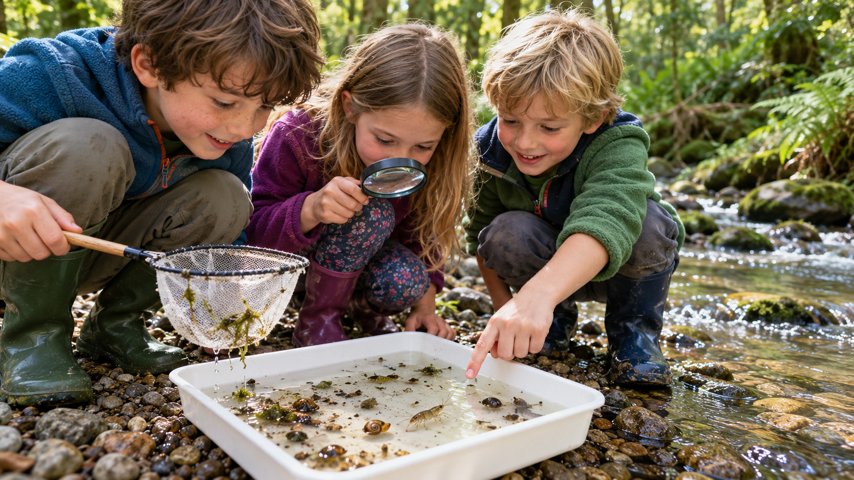Kinder untersuchen mit Kescher und Wanne Wassertiere in einem Bach
