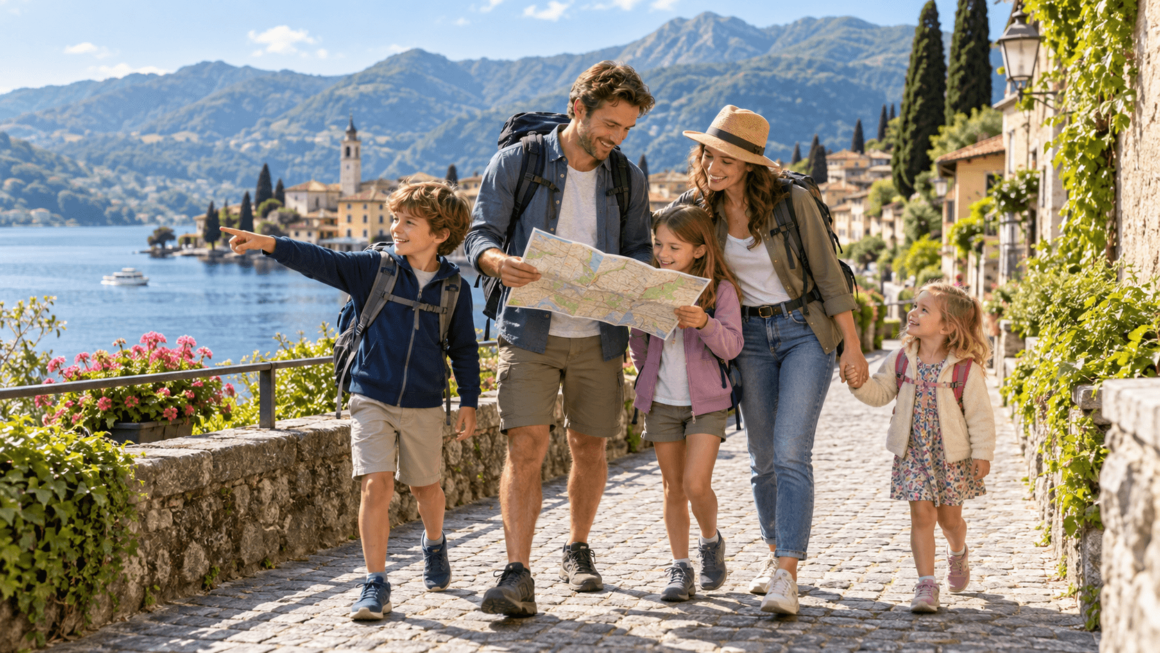 Familie mit Rucksäcken und Karte auf dem Weg in den Urlaub
