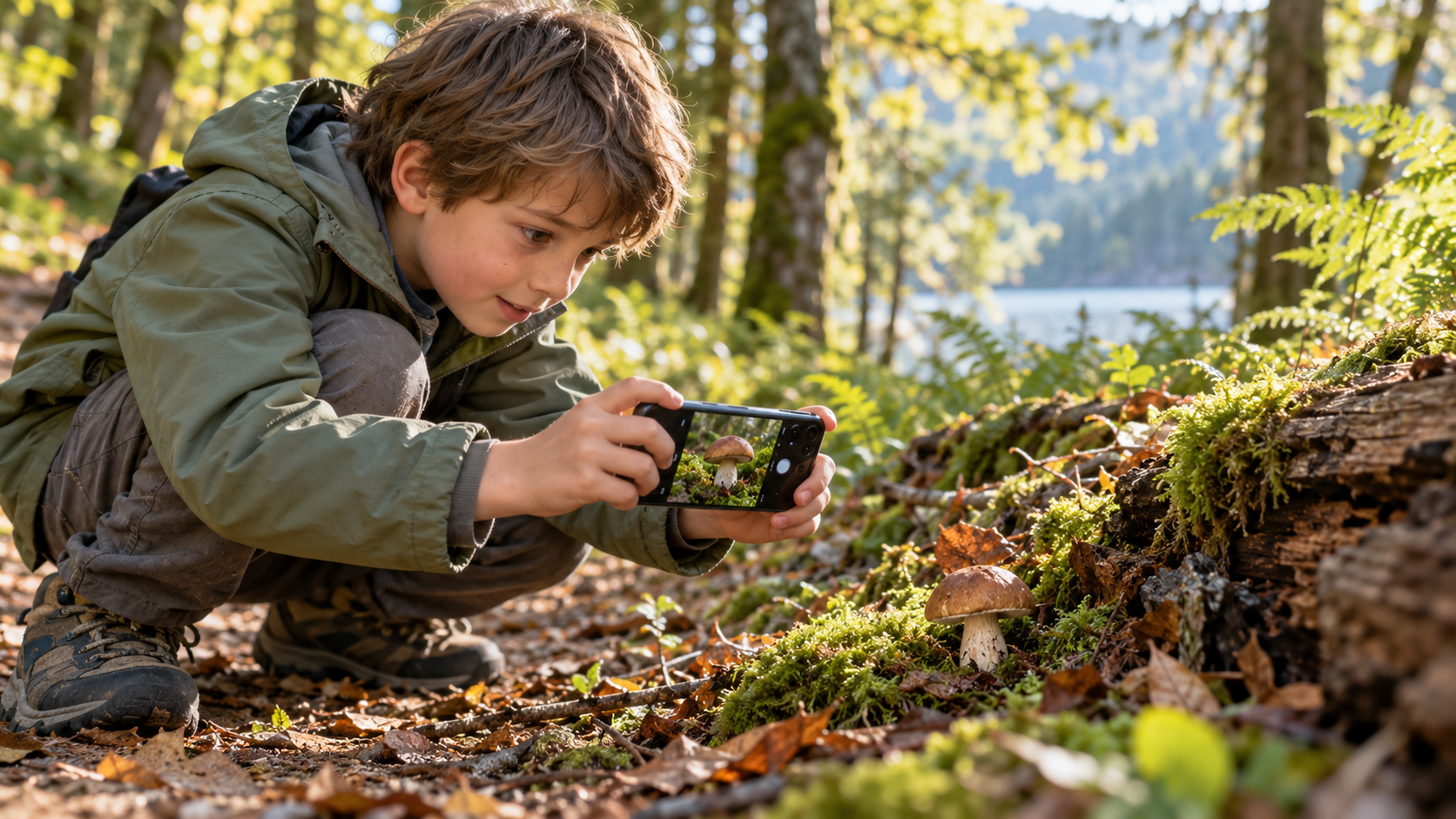 Kind fotografiert einen Pilz am Waldboden mit dem Smartphone