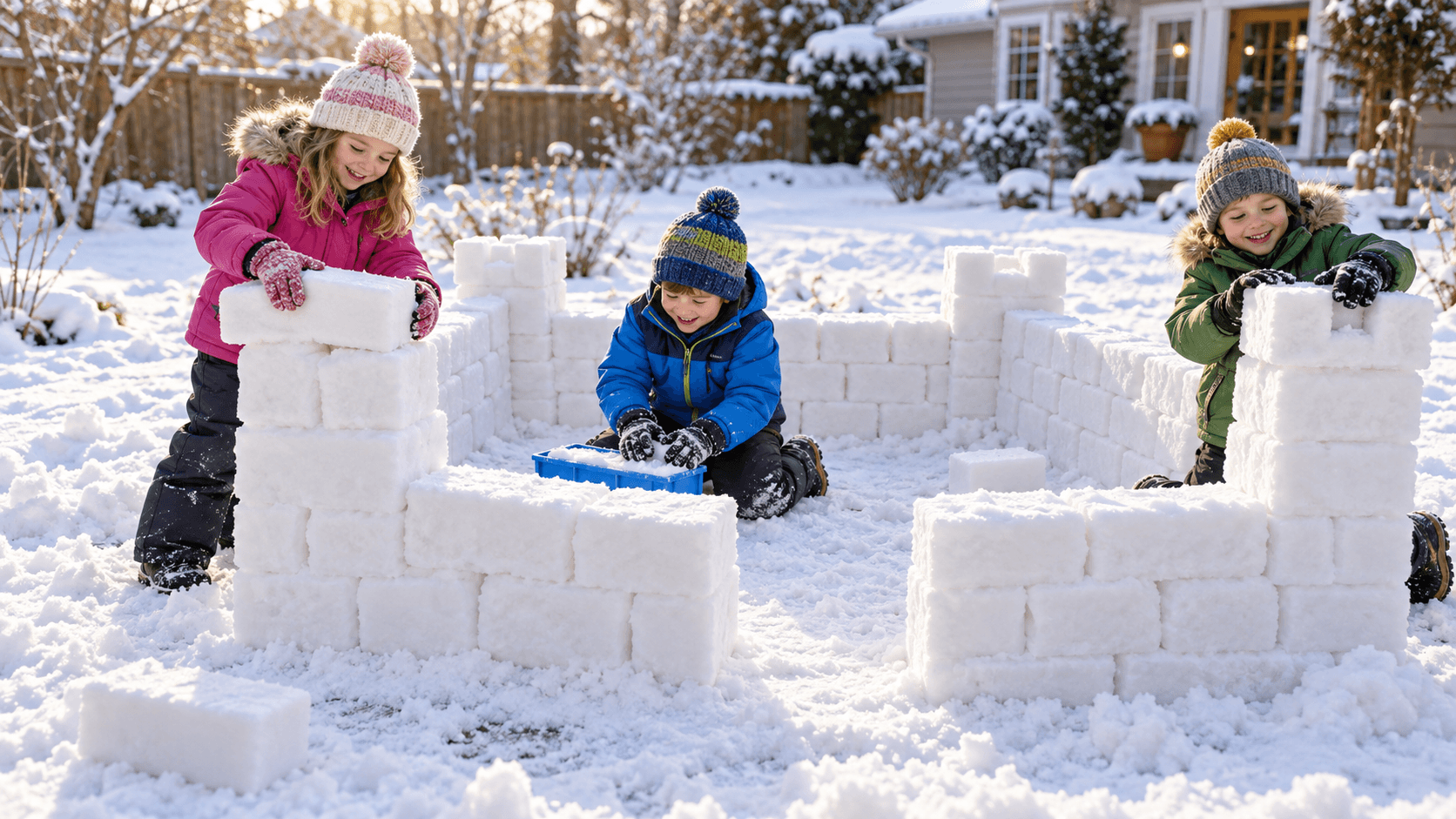 Kinder bauen eine kleine Burg aus Schneeziegeln im Garten