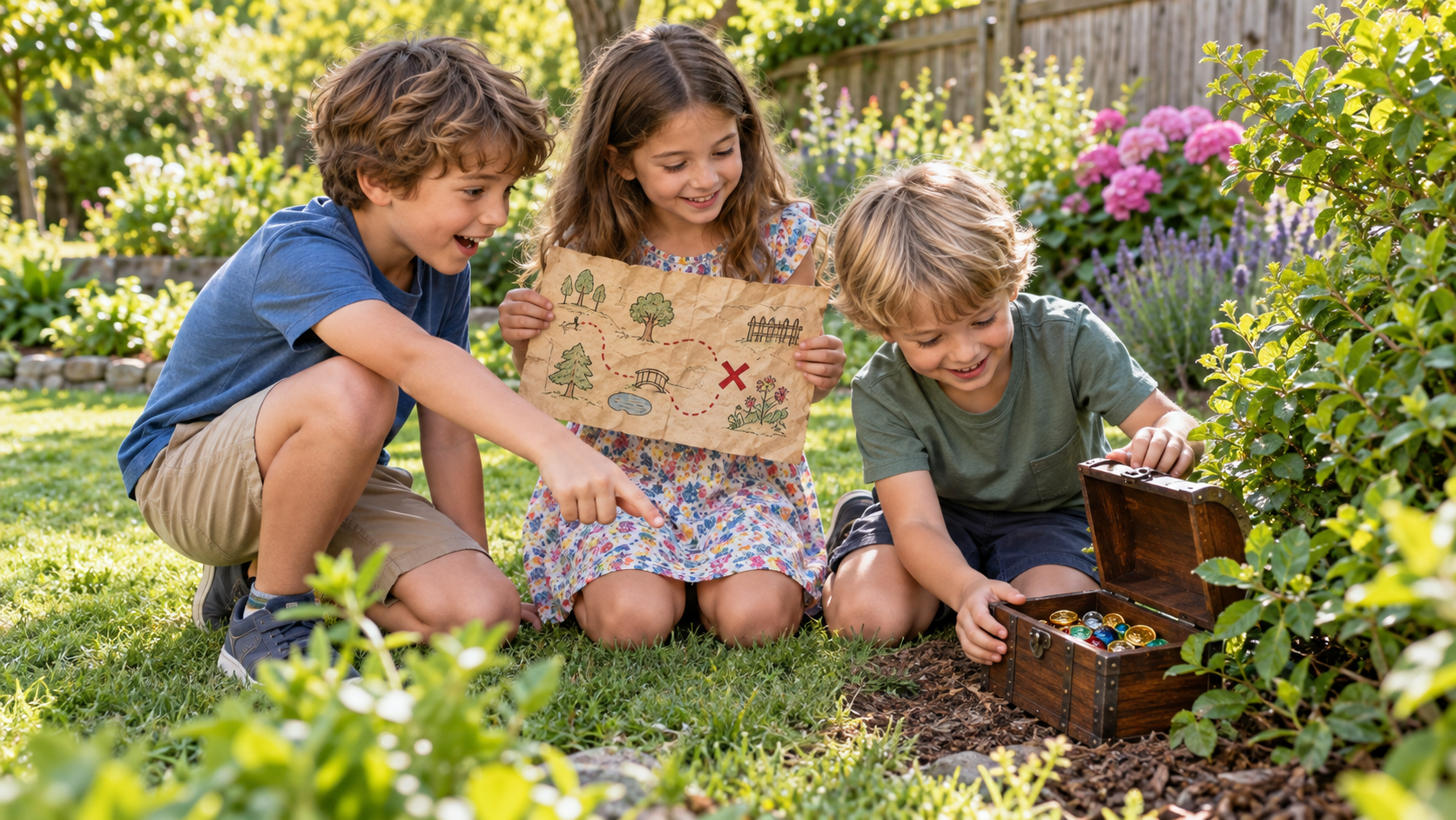 Kinder bei einer Schatzsuche im Garten