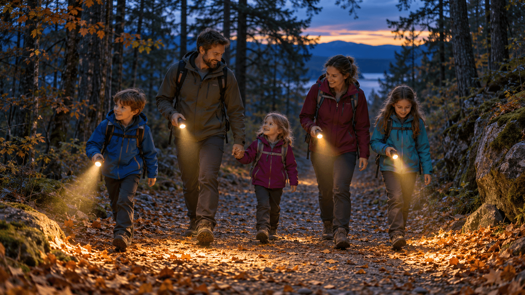Familie geht abends mit Taschenlampen auf einem Waldweg