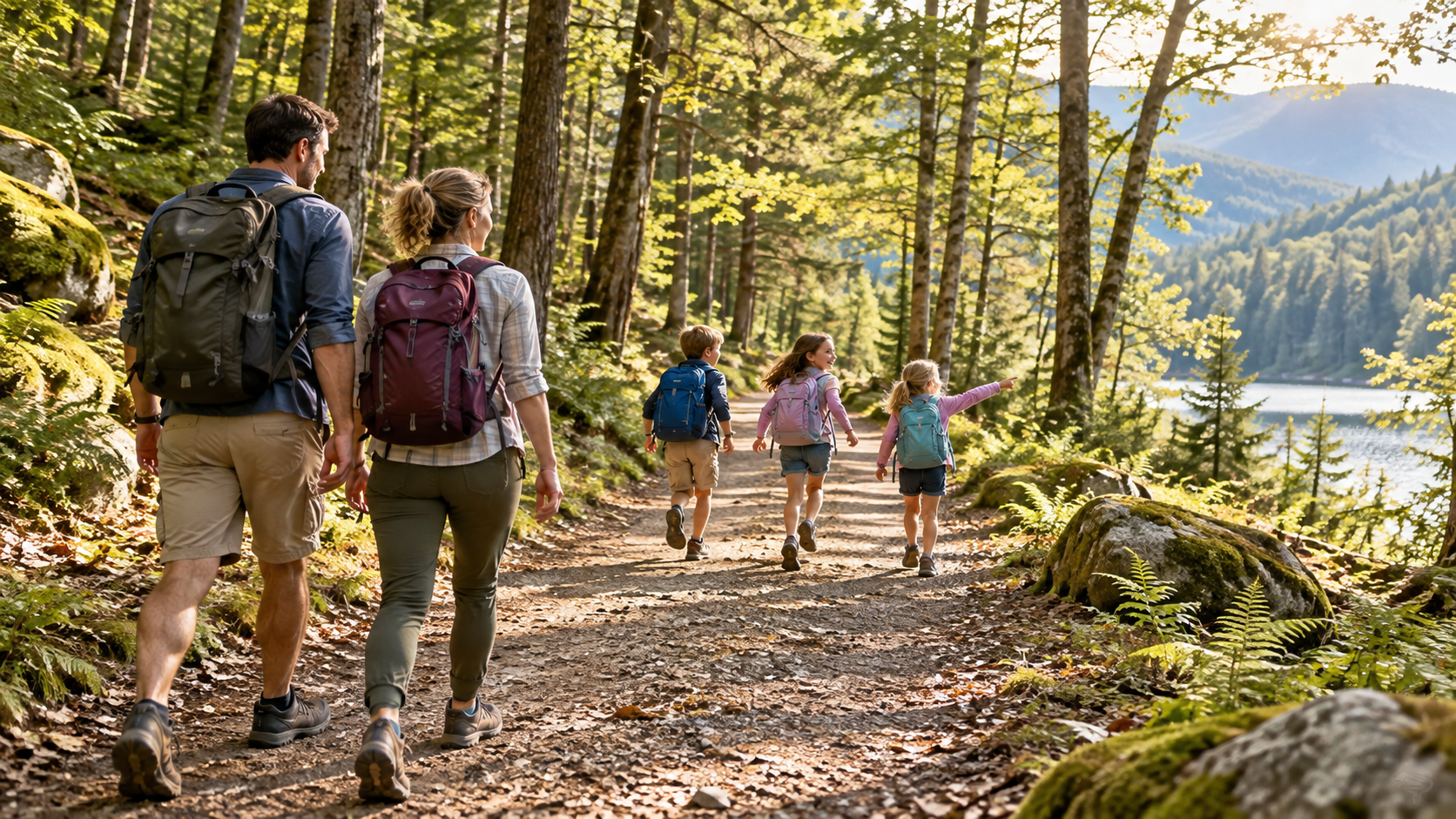 Familie wandert auf einem Waldweg, Kinder laufen voraus