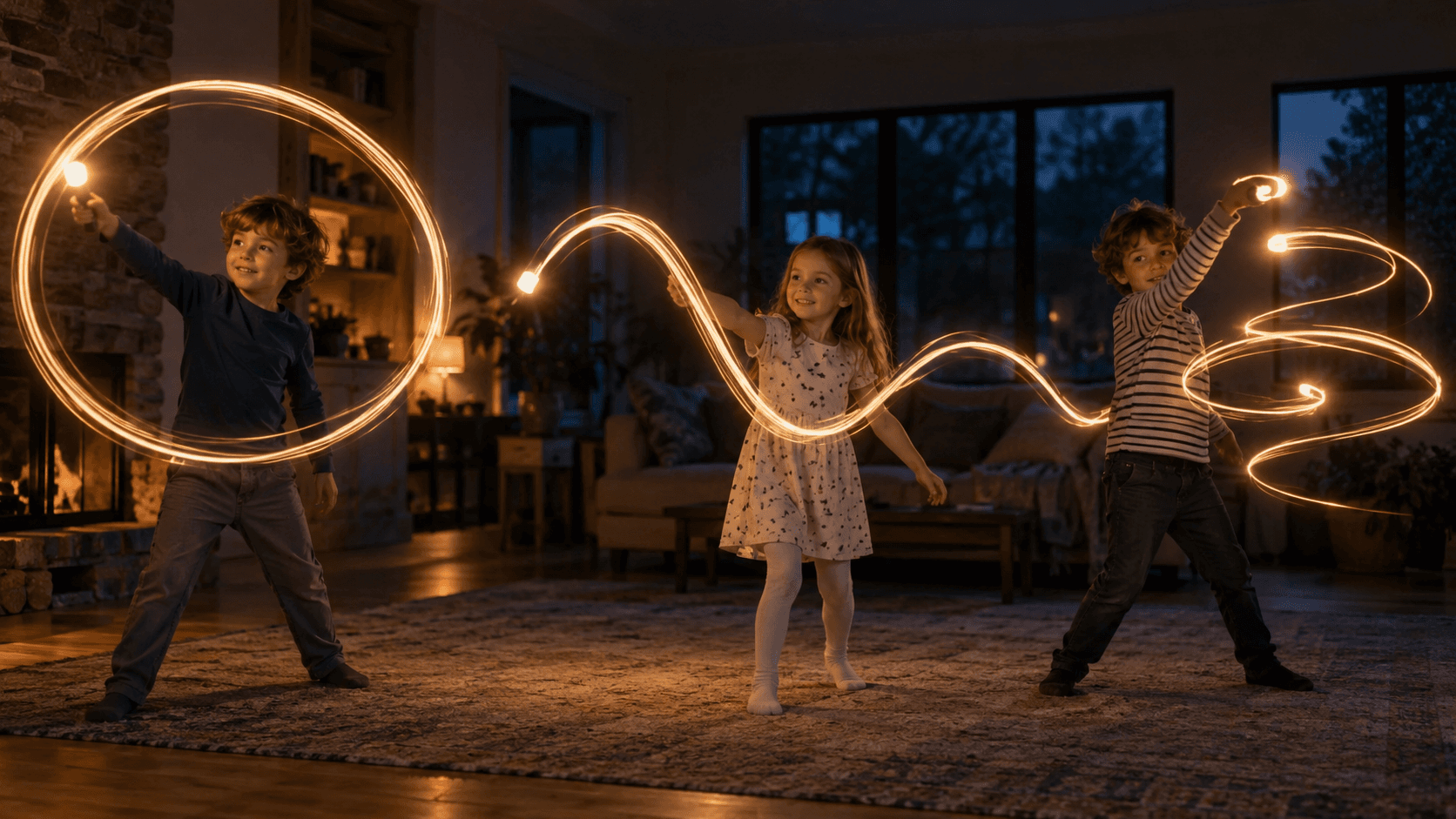 Kinder malen mit Taschenlampen Lichtspuren in einem dunklen Raum