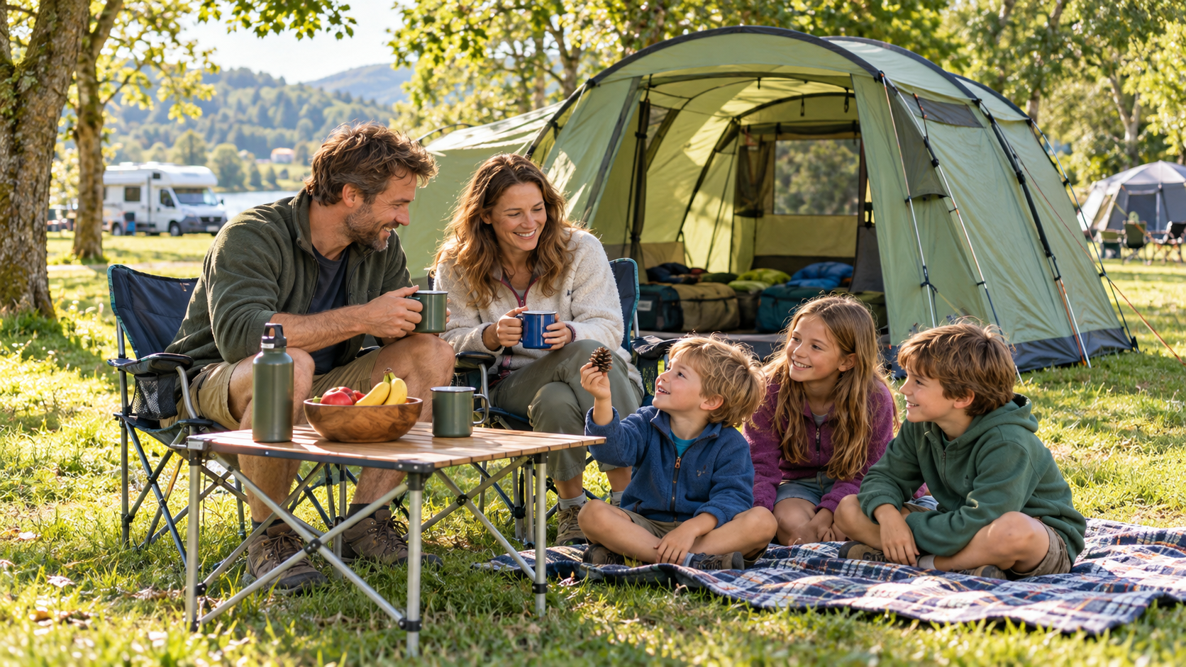Familie vor dem Zelt auf einem Campingplatz