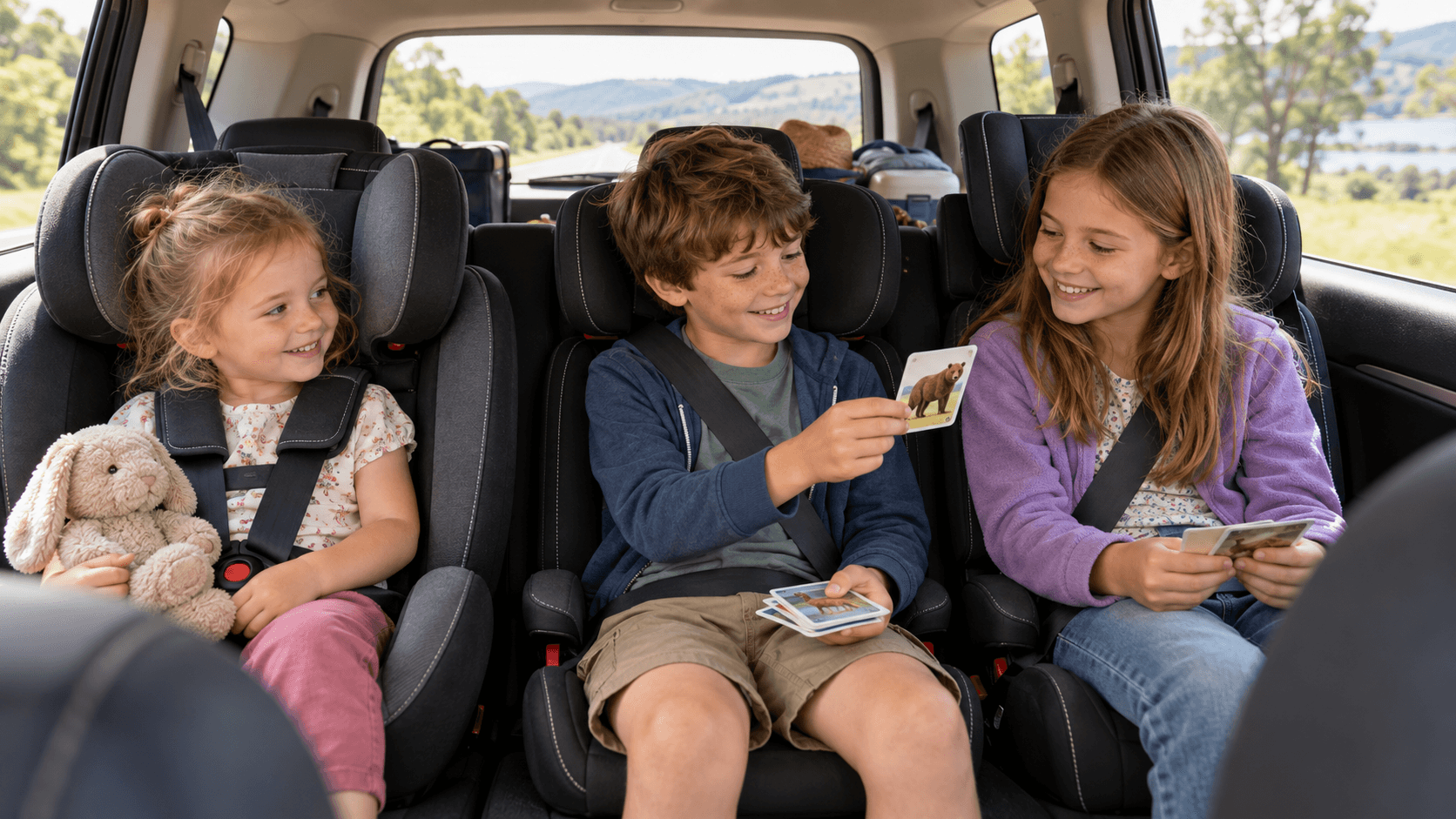 Kinder spielen auf dem Rücksitz während der Autofahrt
