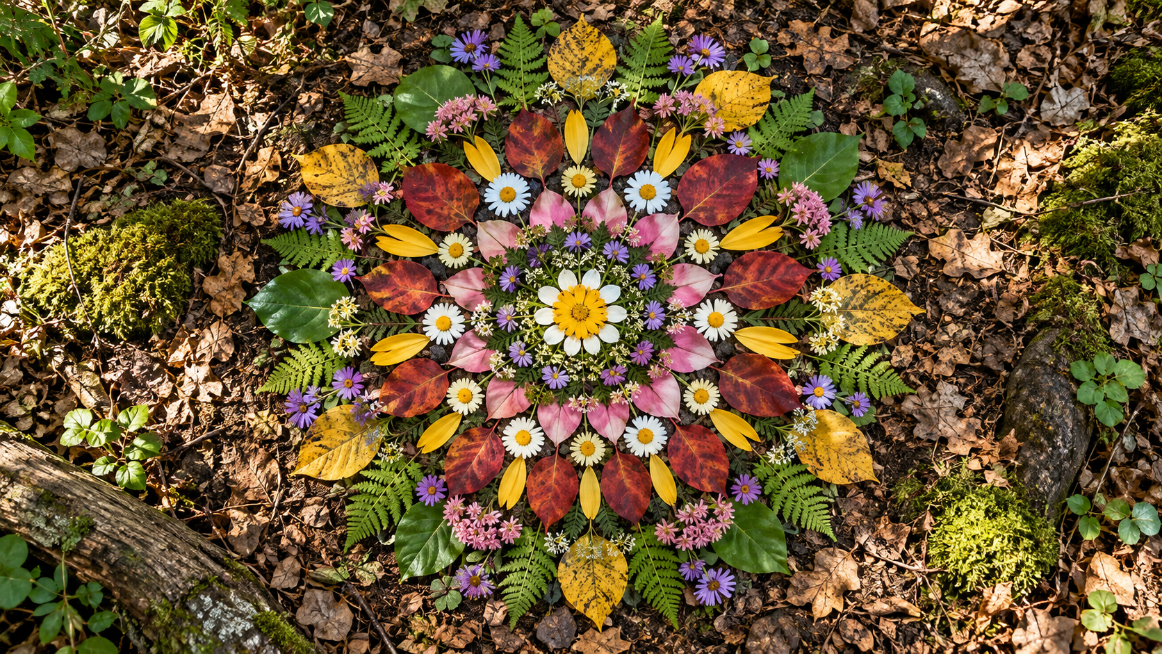 Buntes Naturmandala aus Blättern und Blüten auf dem Waldboden