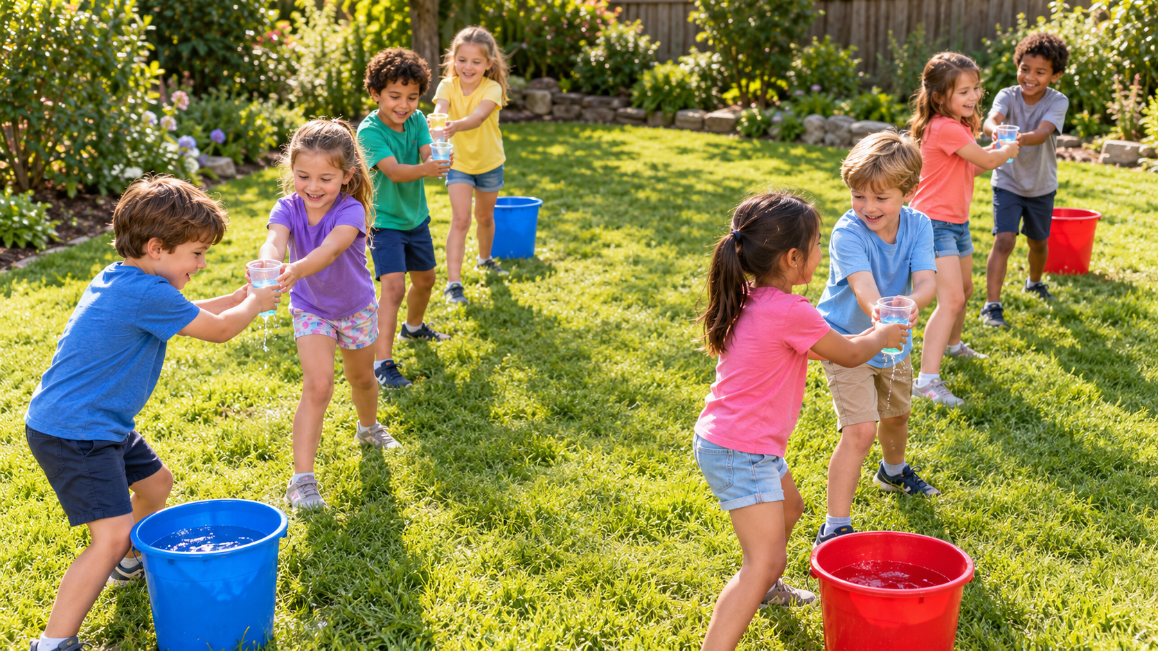 Zwei Kinderteams reichen sich Becher mit Wasser in einer Reihe im Garten