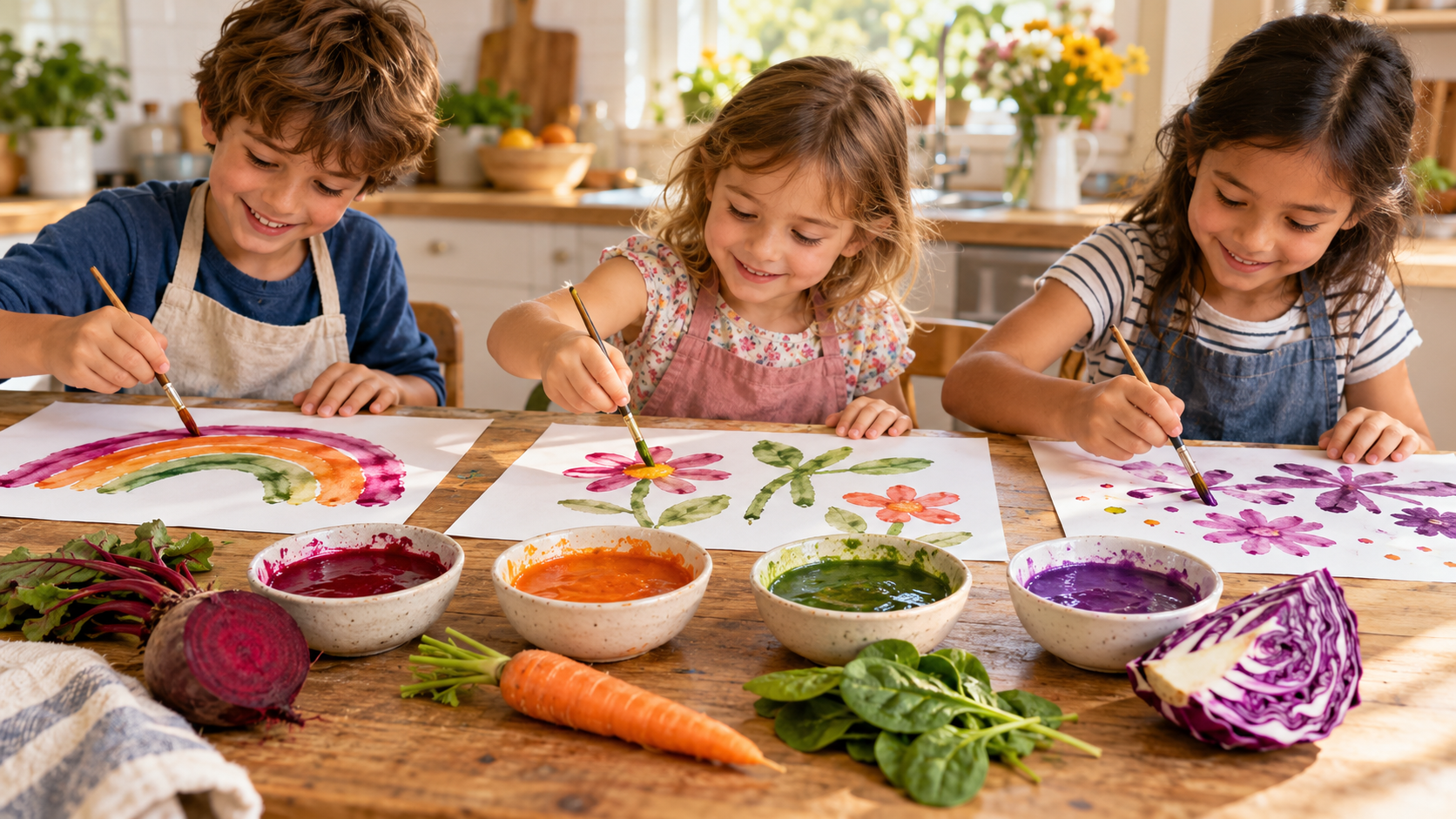 Kinder malen mit selbstgemachten Gemüsefarben in kleinen Schälchen