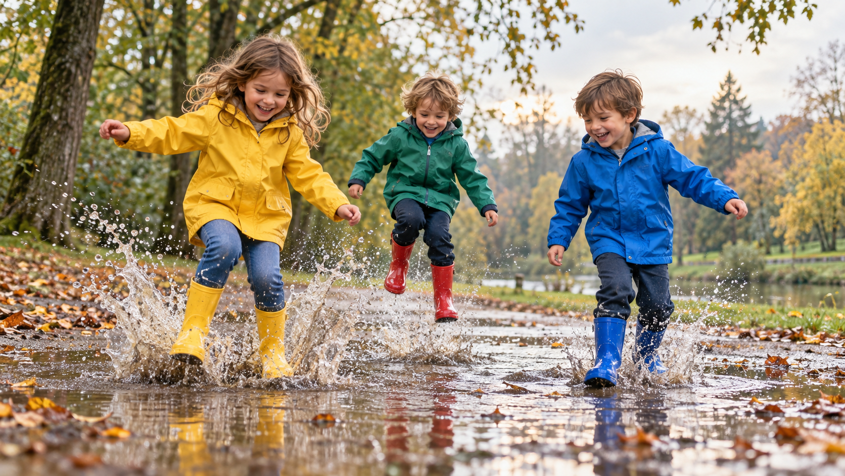 Kinder in Gummistiefeln springen in Pfützen