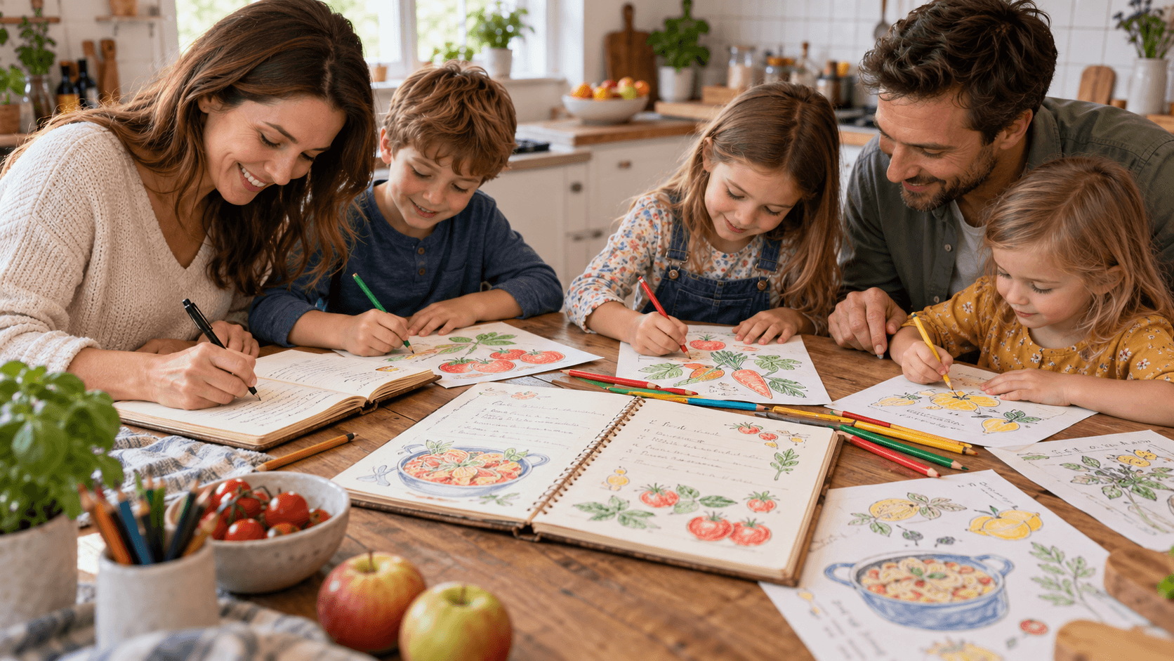 Familie schreibt und malt gemeinsam Rezepte am Küchentisch