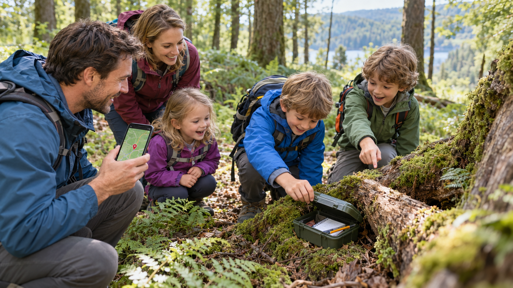 Familie sucht mit dem Smartphone einen Geocache im Wald