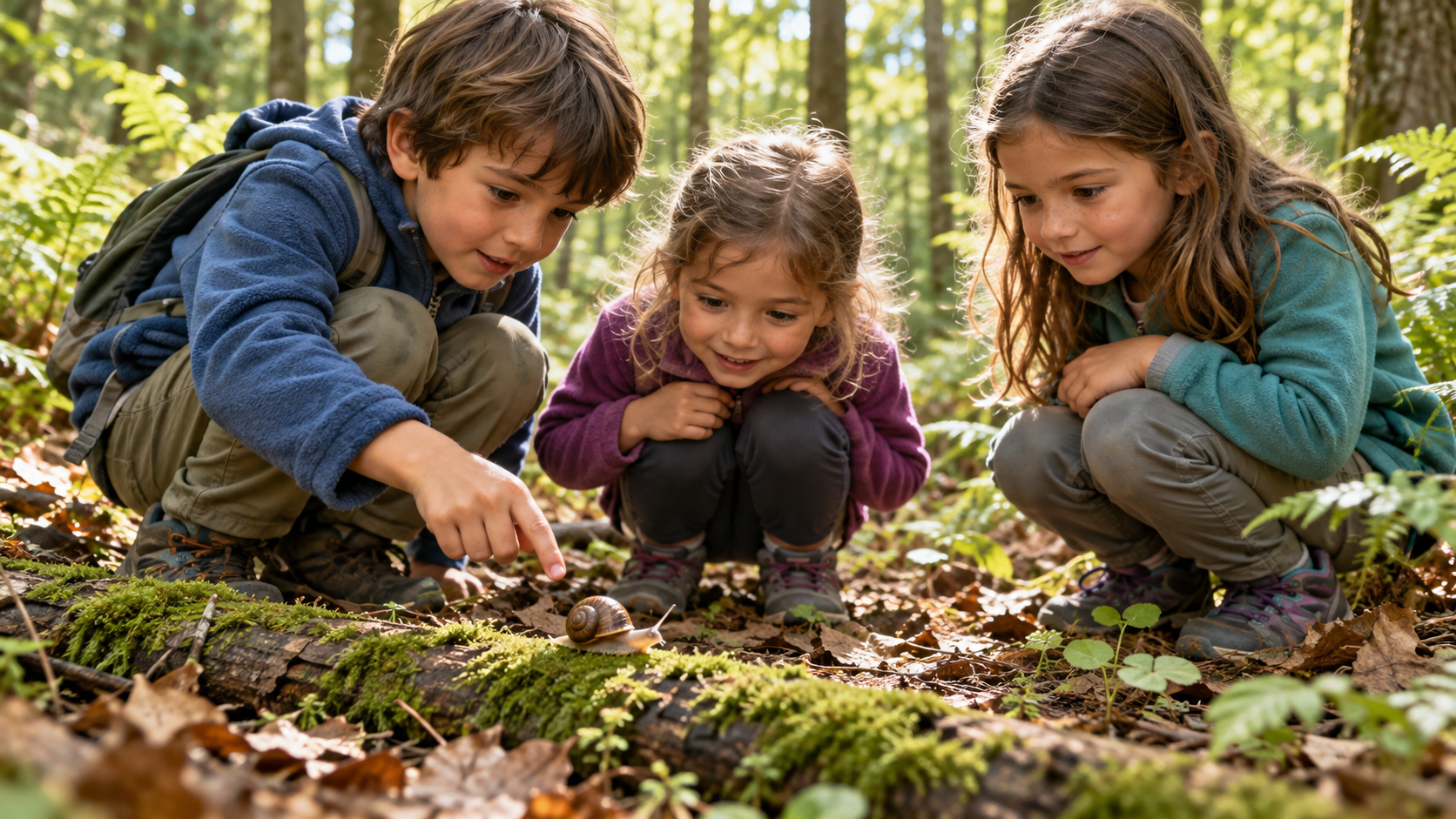 Kinder entdecken etwas am Waldboden