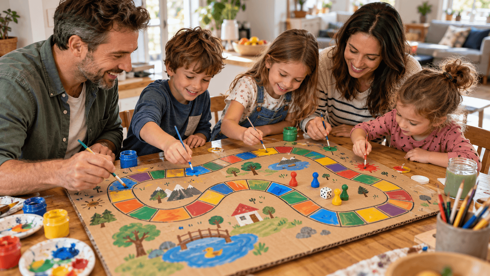 Familie bemalt einen selbstgebauten Spielplan aus Pappe