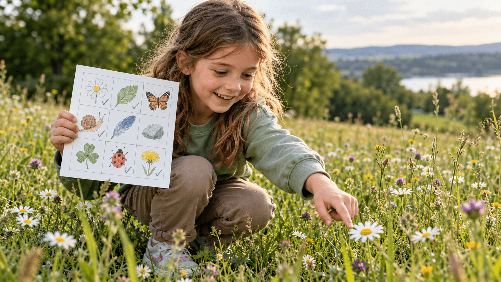Kind hält eine selbstgemalte Bingo-Karte und sucht auf einer Wiese