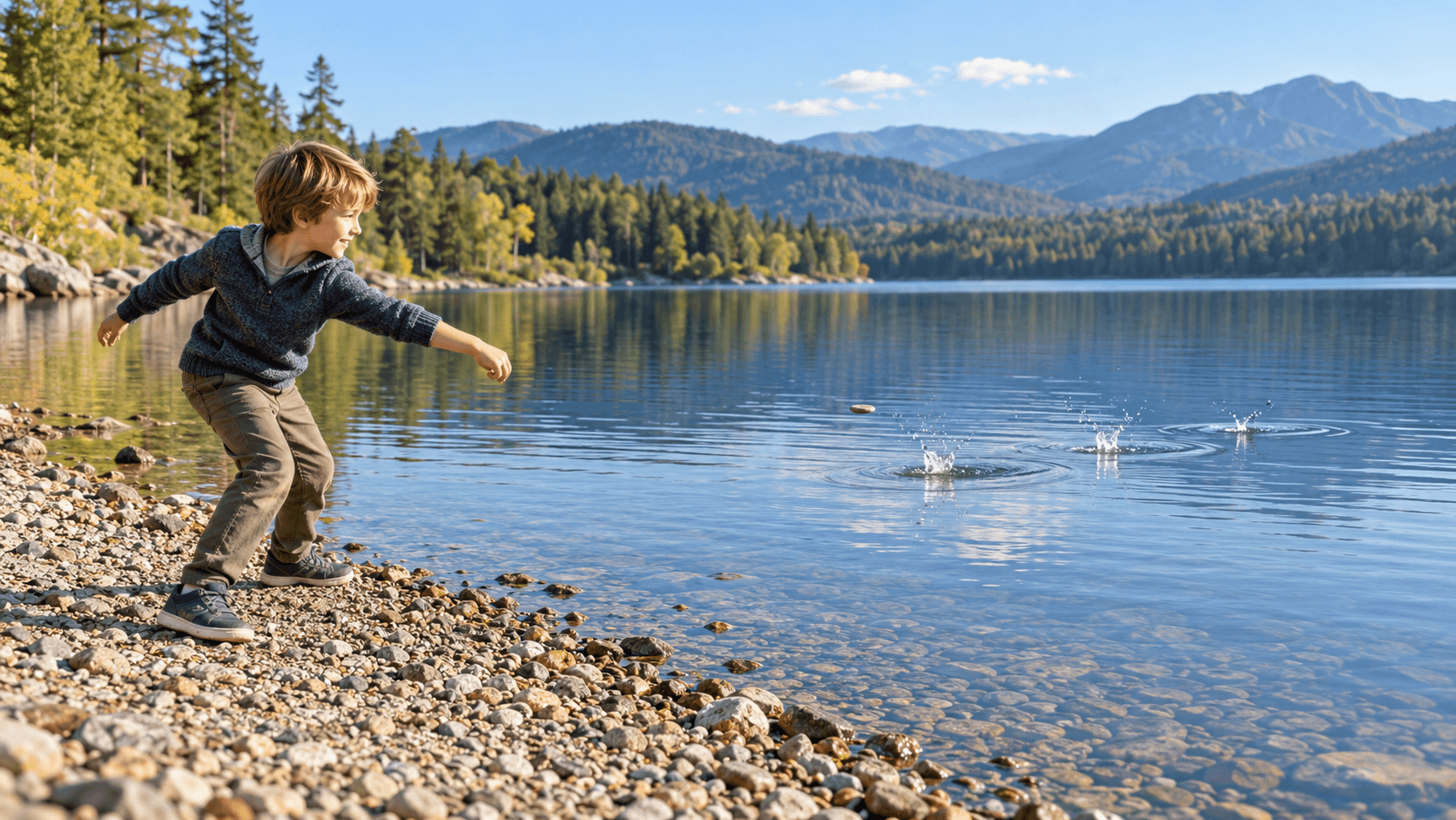 Kind wirft einen flachen Stein über einen ruhigen See
