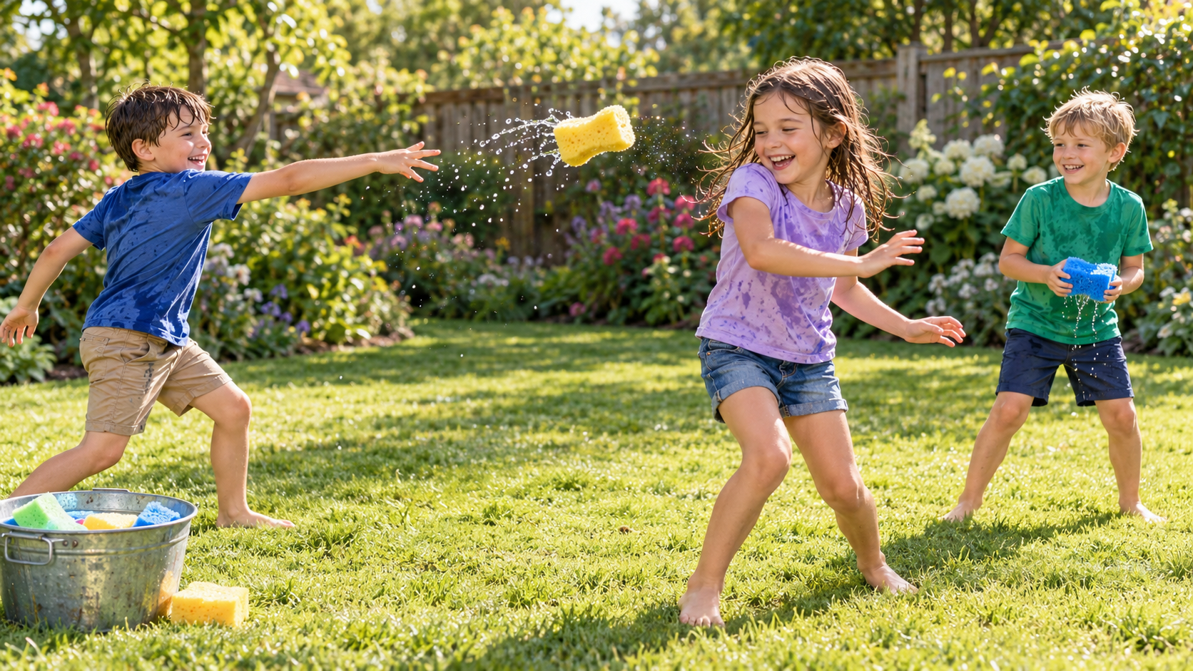 Kinder werfen nasse Schwämme bei einer Wasserschlacht im Garten