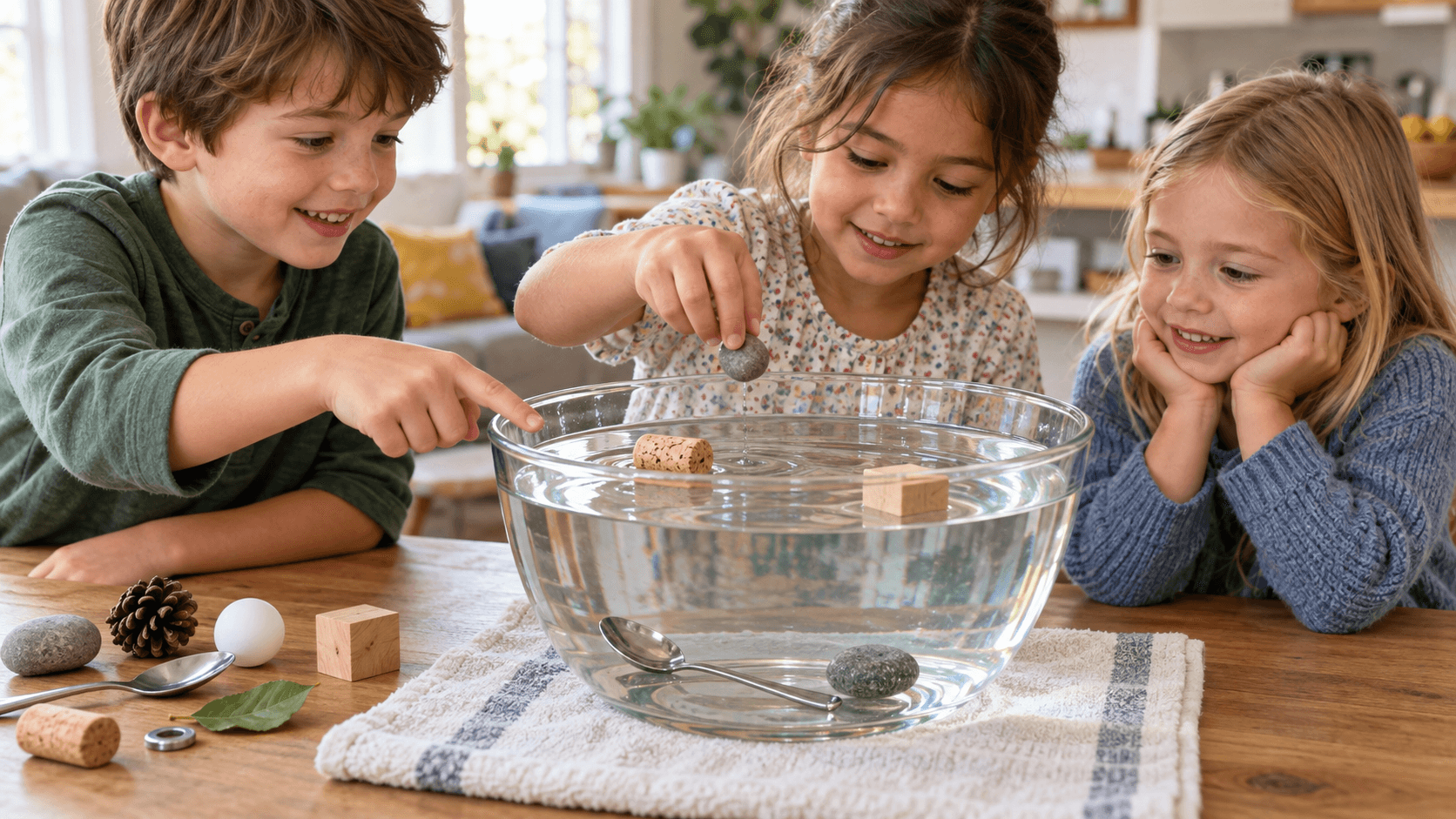 Kinder lassen Alltagsgegenstände in einer Wasserschüssel schwimmen oder sinken