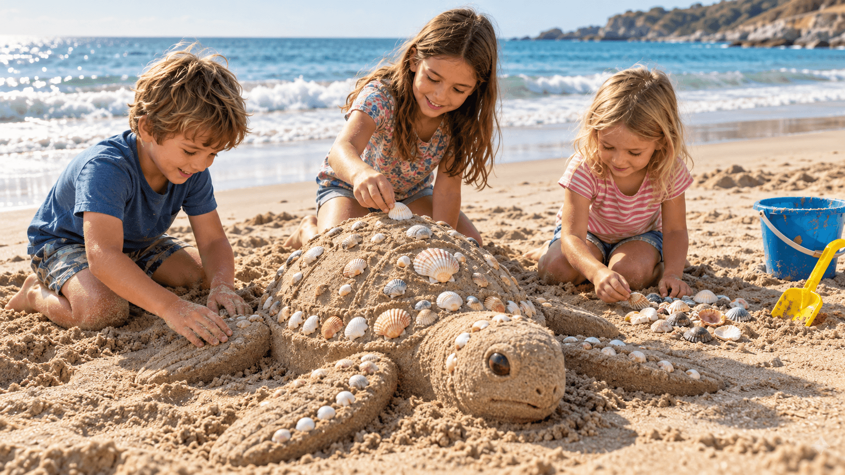 Kinder bauen eine Sandskulptur am Strand und verzieren sie mit Muscheln