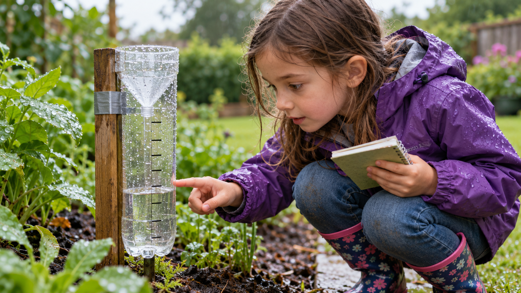Kind liest an einem selbstgebauten Regenmesser die Wassermenge ab