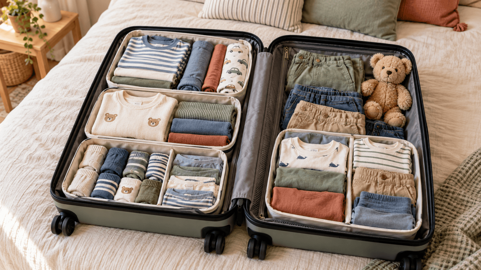 Offener Koffer mit sortierter Kinderkleidung