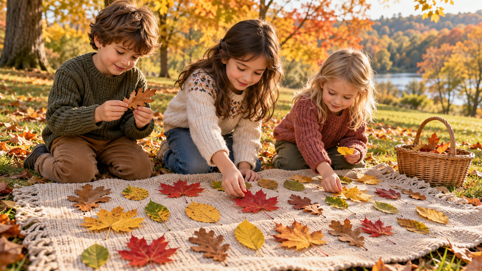 Kinder legen gesammelte Herbstblätter nebeneinander auf einer Decke aus