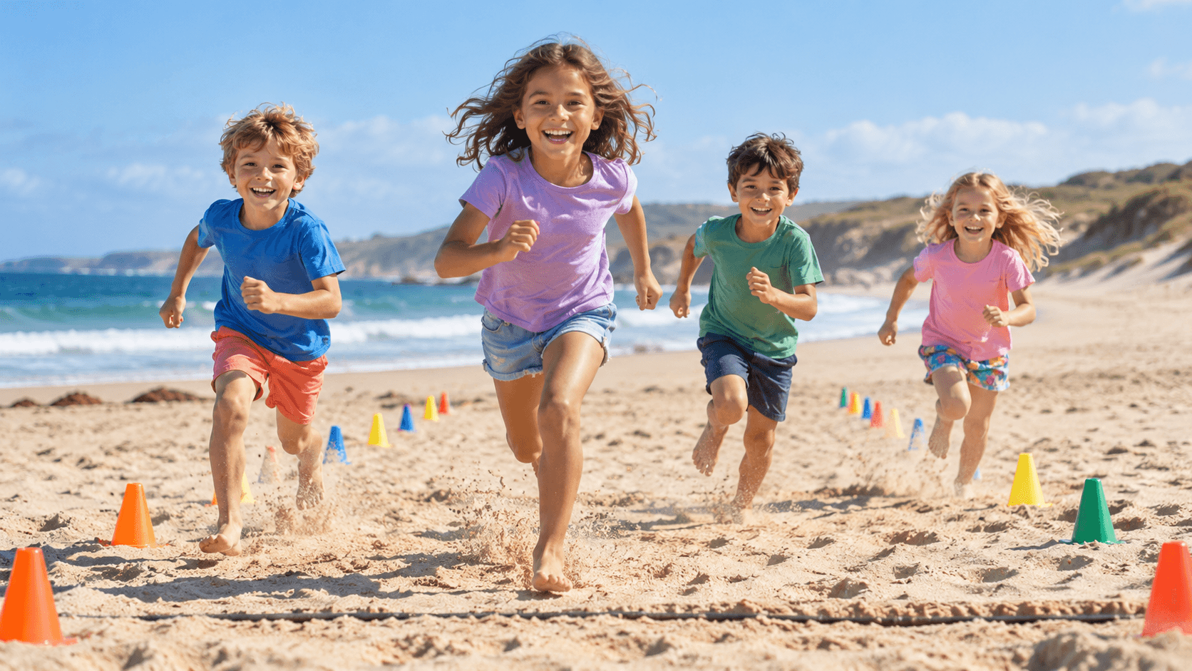 Kinder rennen bei einer Strandolympiade durch den Sand