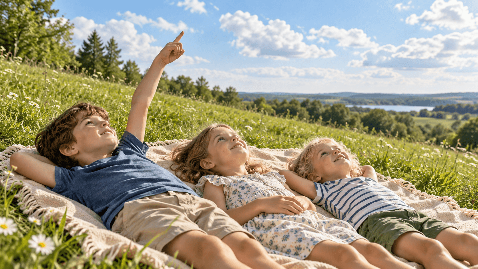 Kinder liegen auf einer Decke im Gras und schauen in den Himmel