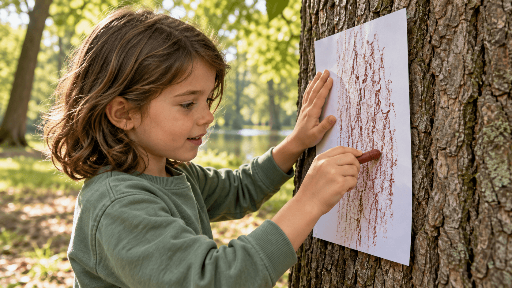 Kind rubbelt mit Wachsmalstift die Rindenstruktur eines Baums auf Papier