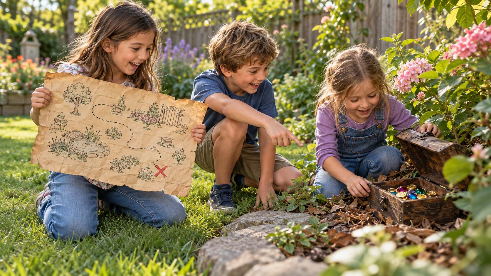 Kinder entdecken mit einer alten Schatzkarte eine Holzkiste im Garten