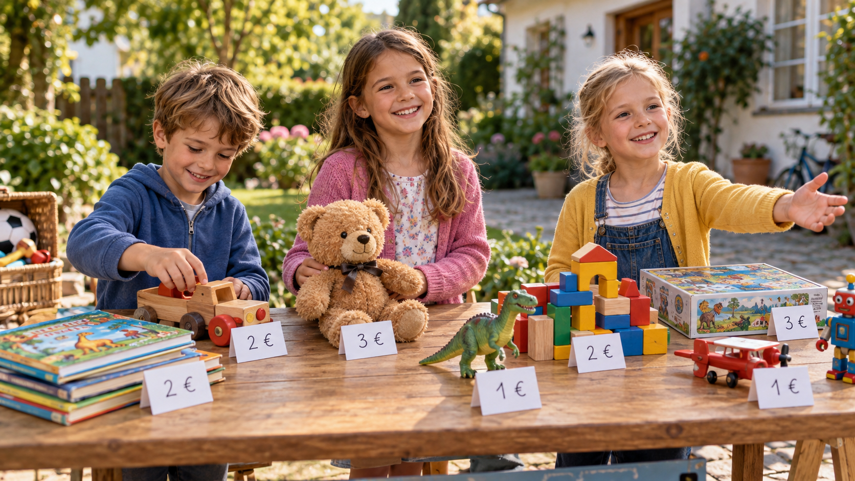 Kinder stehen hinter einem Tisch mit Spielsachen und Preisschildern
