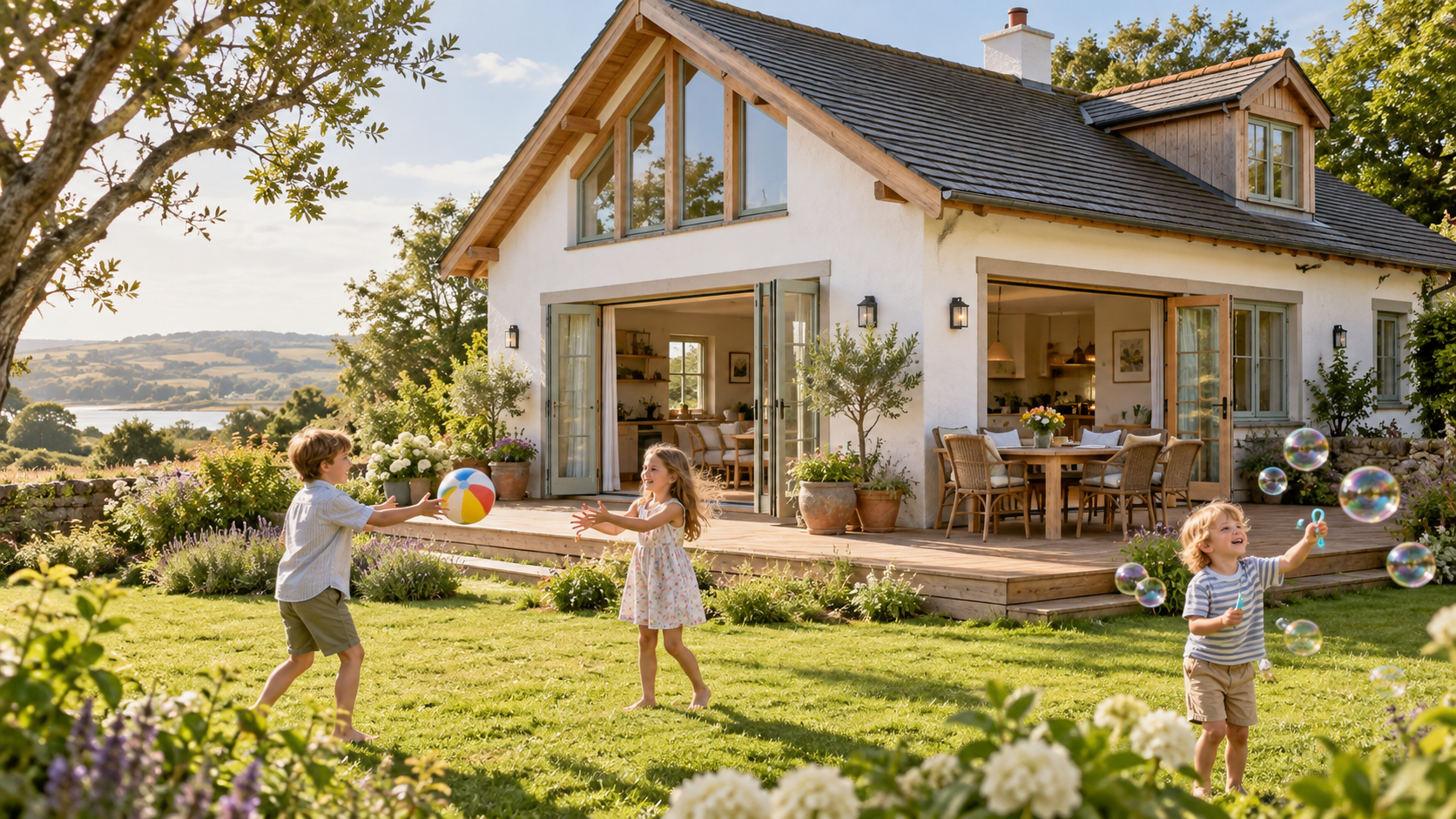 Helles Ferienhaus mit Garten, Kinder spielen davor