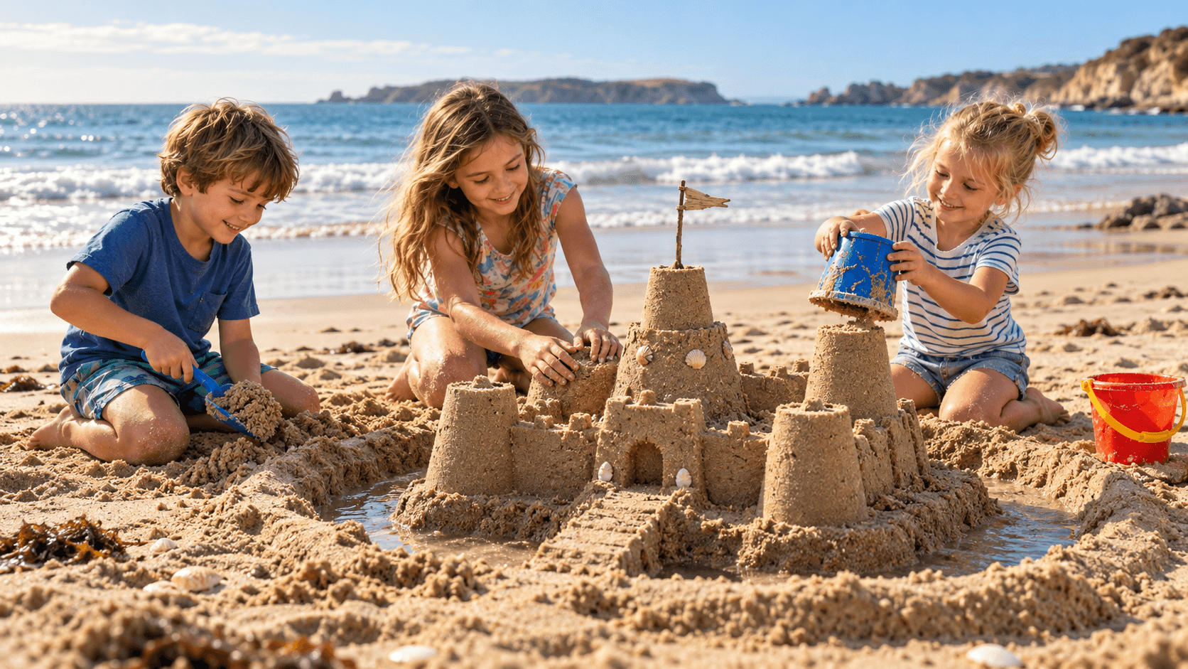 Kinder bauen eine Sandburg am Strand