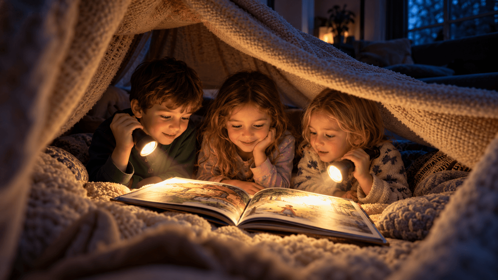 kids reading flashlight blanket night