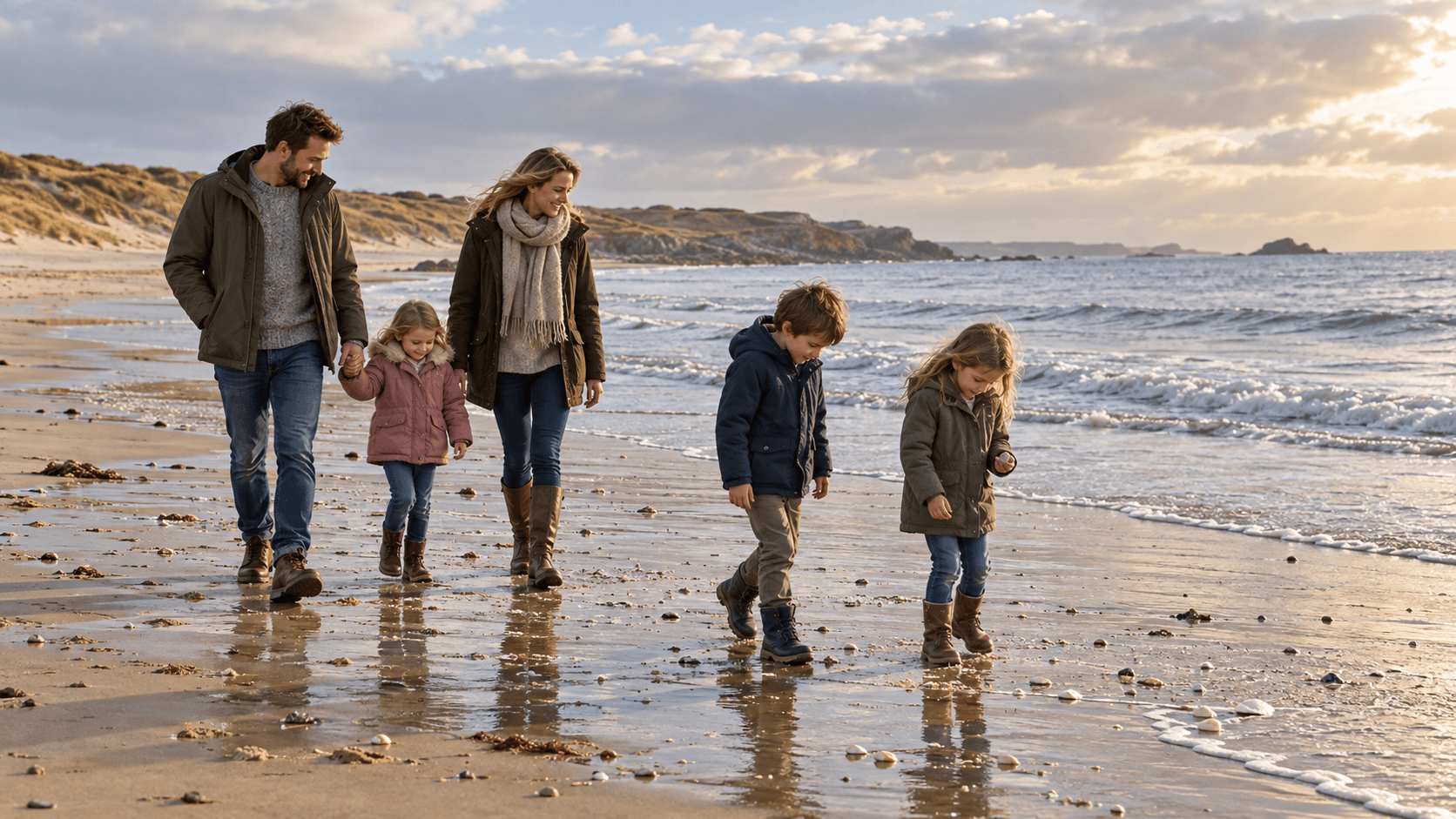 Familie am ruhigen Strand im Herbst
