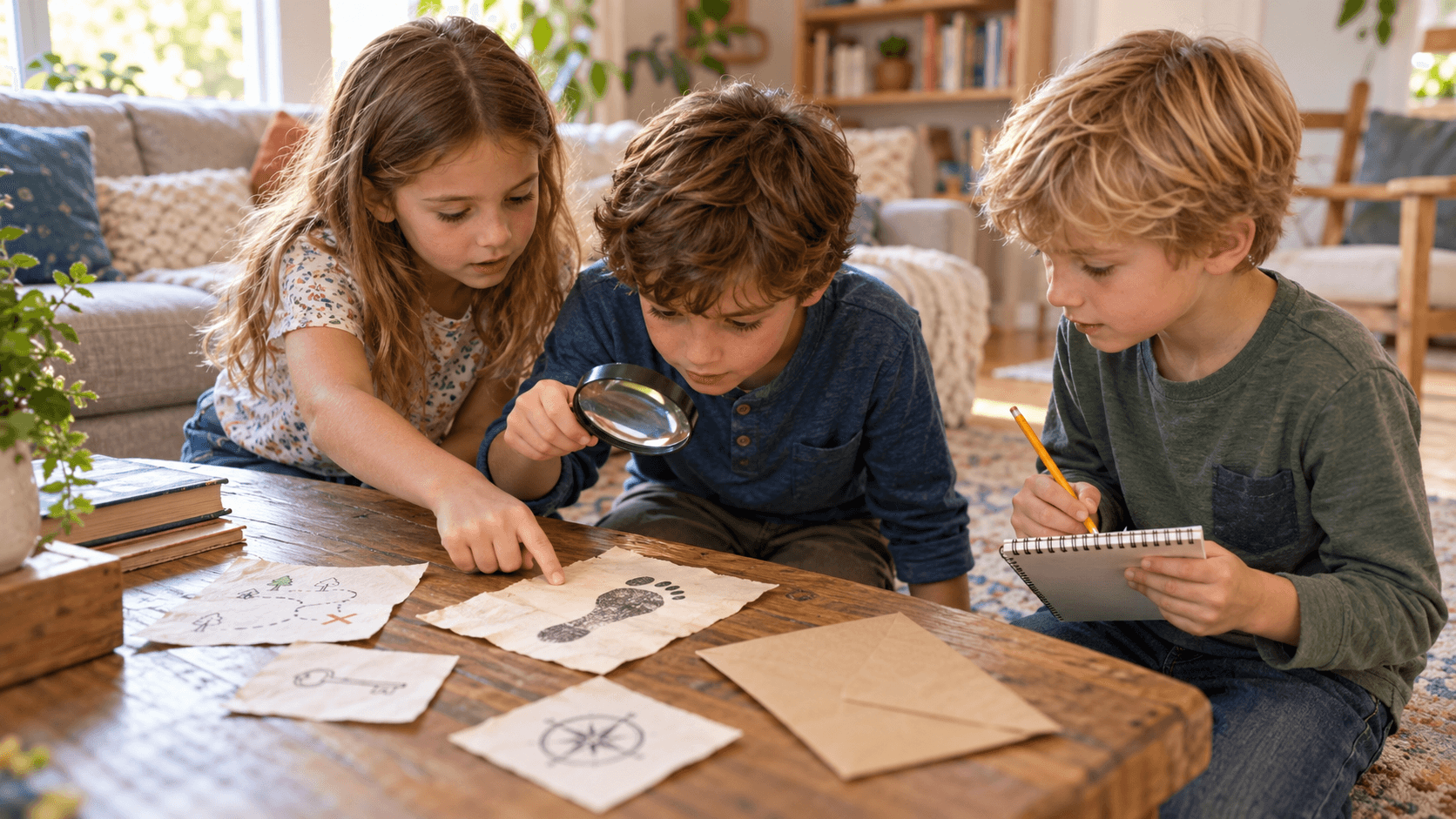 Kinder untersuchen mit Lupe und Notizblock Hinweise im Wohnzimmer