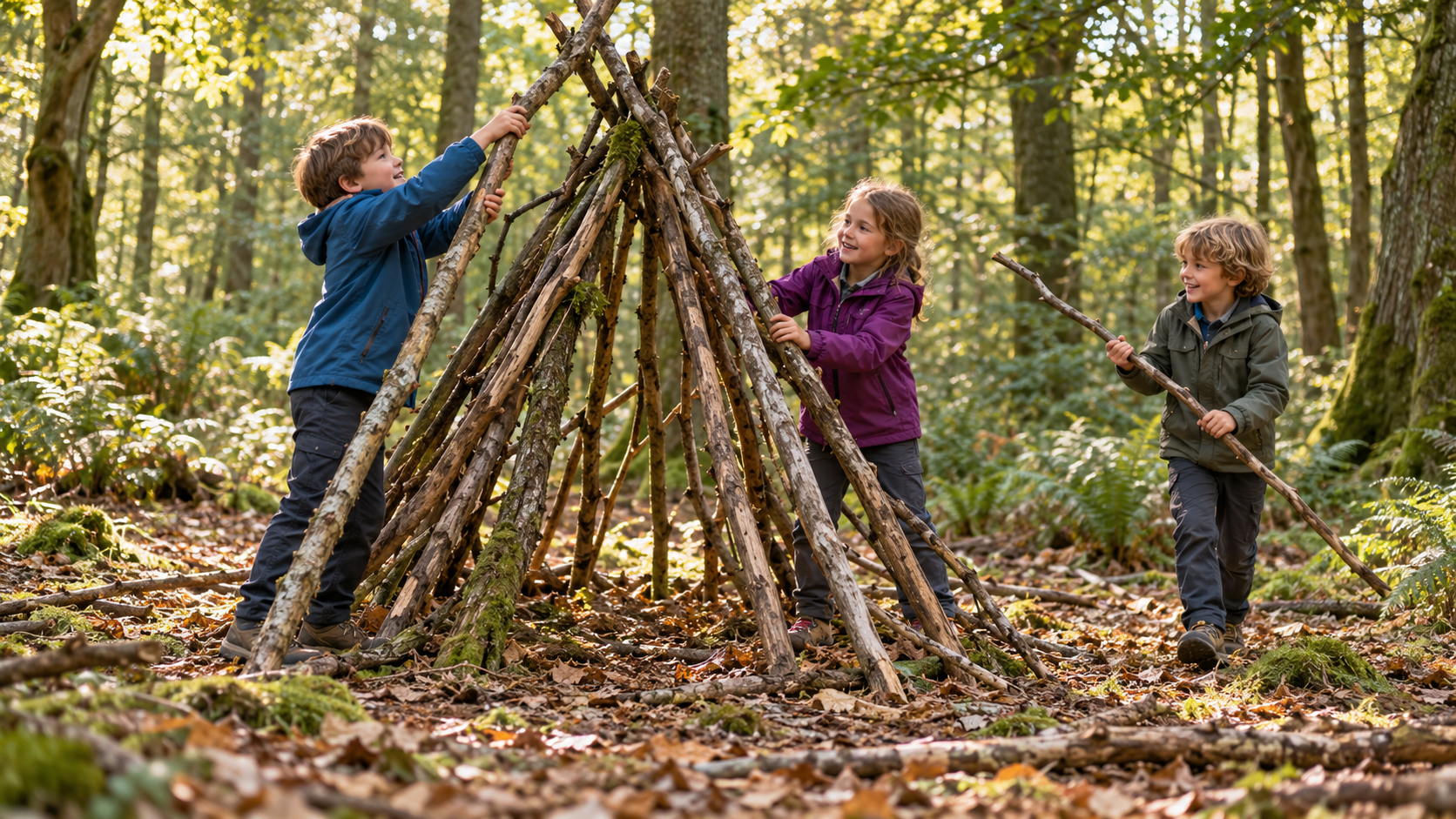 Kinder lehnen lange Äste zu einem Tipi im Wald zusammen