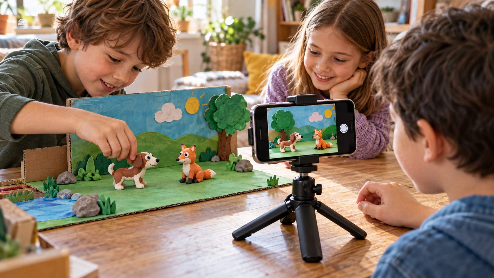 Kinder bewegen Figuren Schritt für Schritt vor einem fest montierten Smartphone