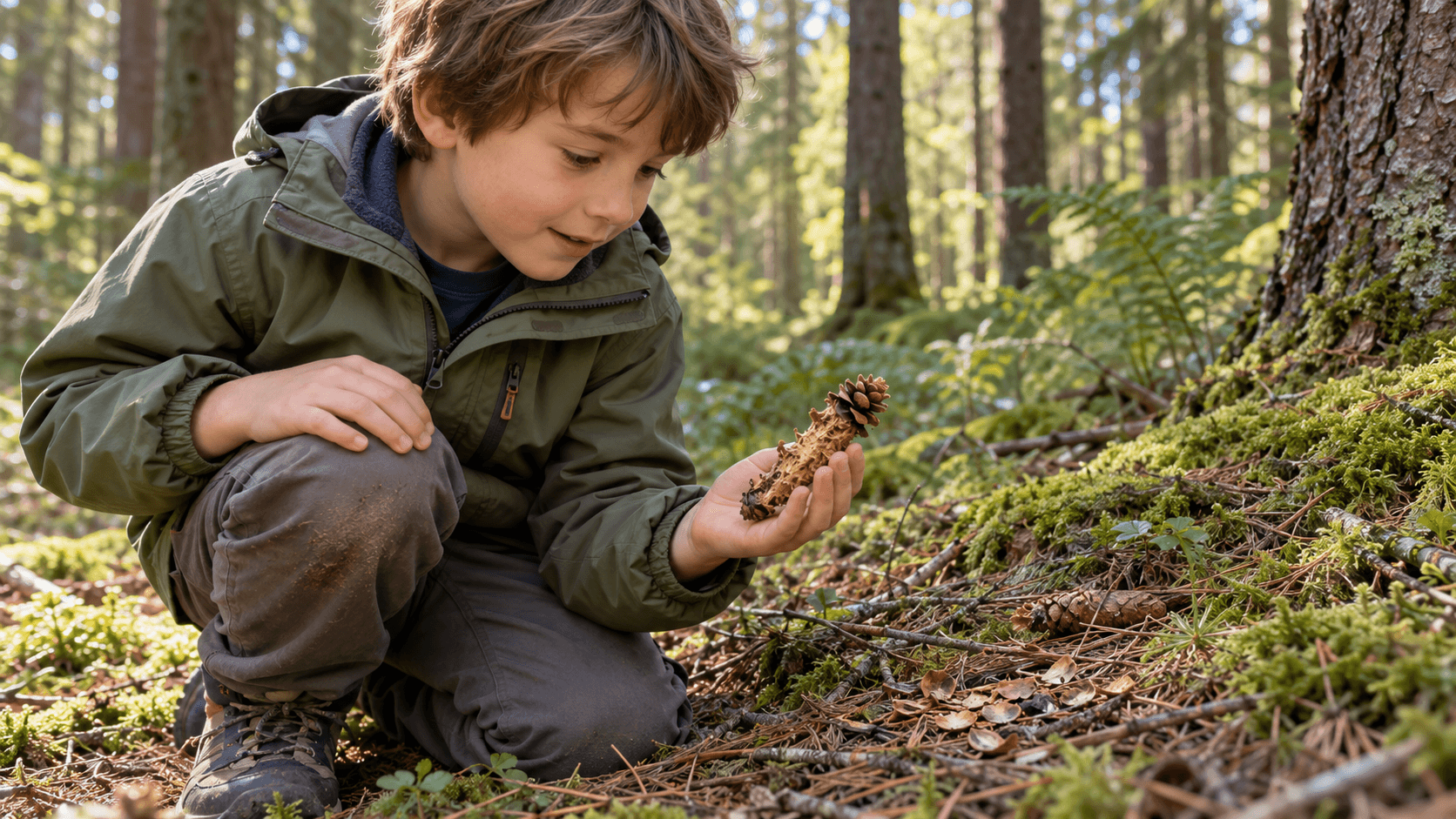 Kind kniet im Wald und betrachtet einen abgenagten Tannenzapfen