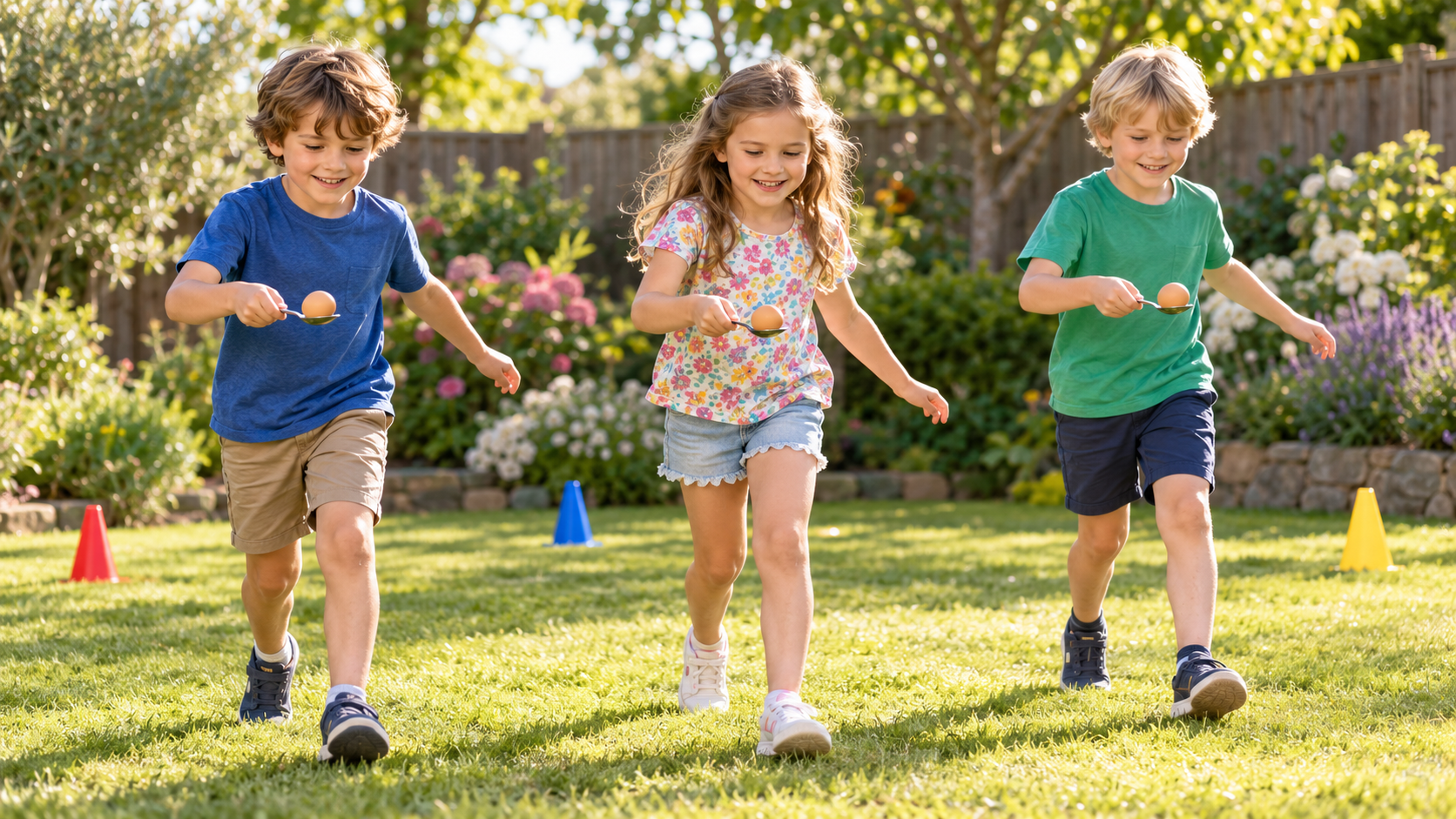 Kinder laufen beim Eierlauf mit Löffeln durch den Garten