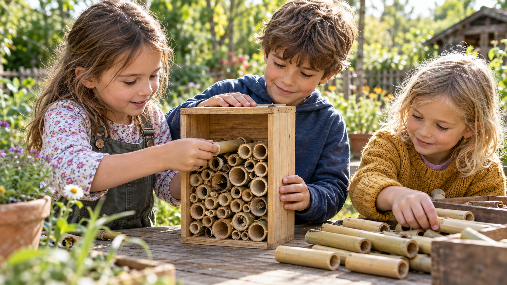 Kinder befestigen Bambusröhrchen in einem Holzkasten