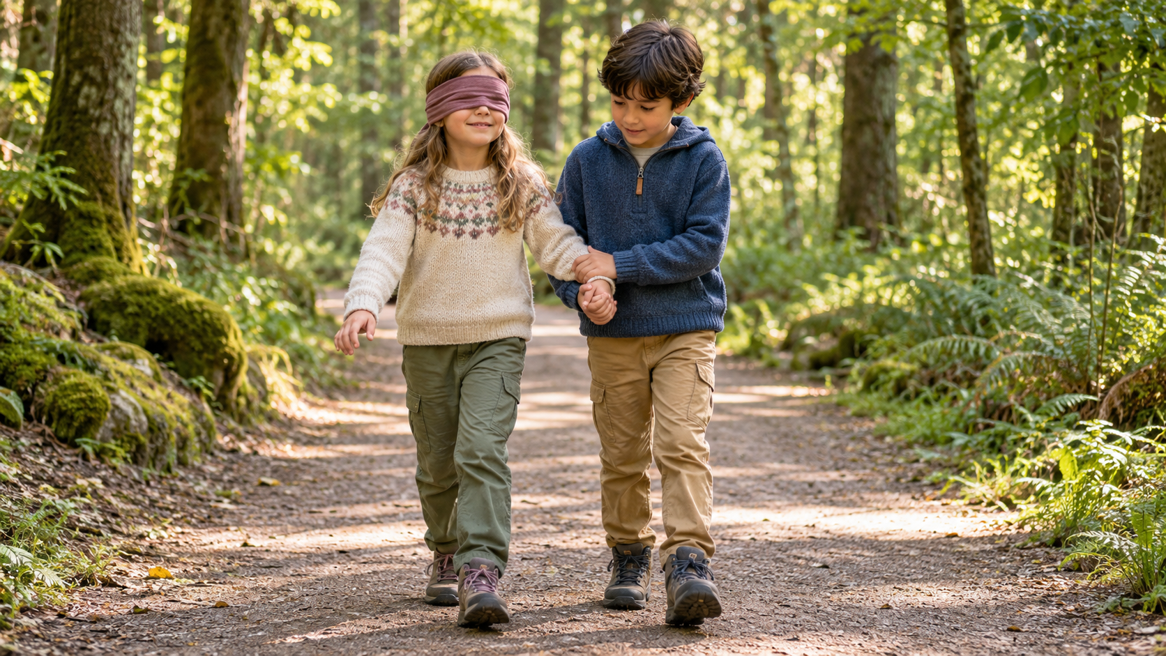 Zwei Kinder gehen im Wald, eines mit Augenbinde, das andere führt